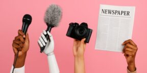 Journalist collaborating with an AI interface to enhance story quality and editorial precision.