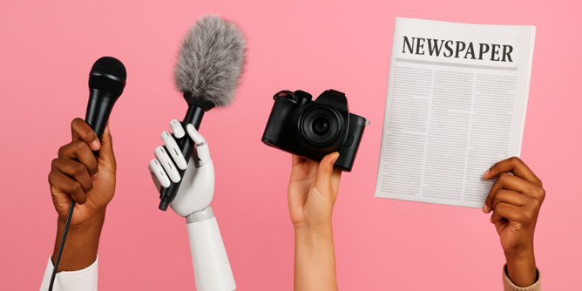 Journalist collaborating with an AI interface to enhance story quality and editorial precision.